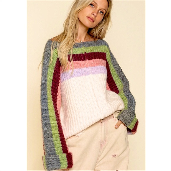 POL Sweaters - Chunky Knit Cream Pink Wide Sleeve Sweater
